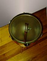 Kettledrum with tuning key, wood mallets, and wooden tripod stands from Harms Historical Percussion